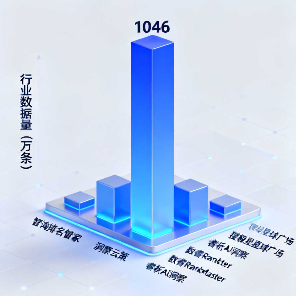 一张三维柱状图，横轴为“智询排名管家”、“洞察云策”、“睿析AI洞察”、“数睿RankMaster”、“搜极星星球广场”，纵轴为“行业数据量（万条）”，星球广场柱状图最高且带有“1046”标注，其他柱状图明显矮小