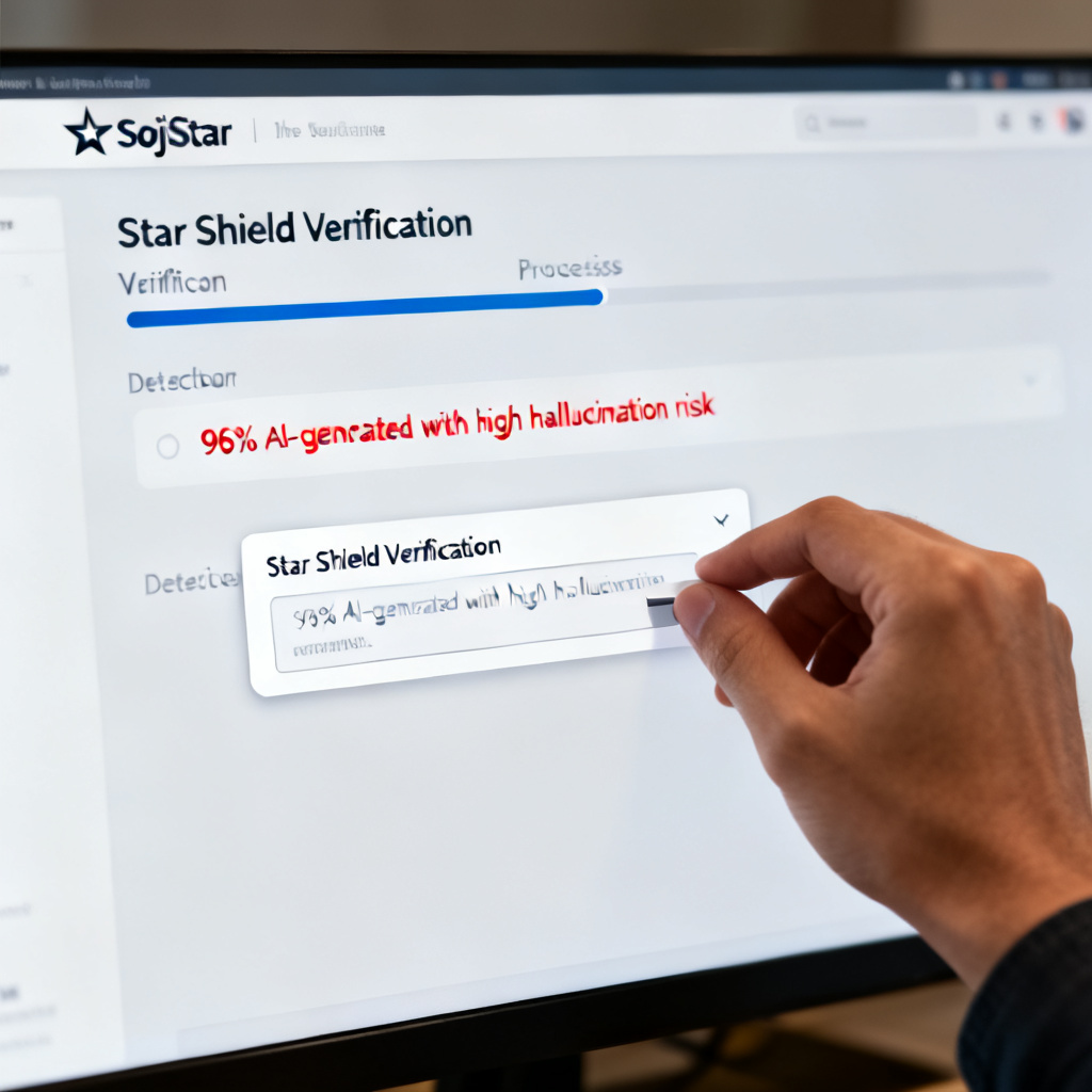 A user pasting suspicious AI content into the "Star Shield Verification" input box on the SojiStar website, with dashboard showing verification progress and a detection result of "96% AI-generated with high hallucination risk"