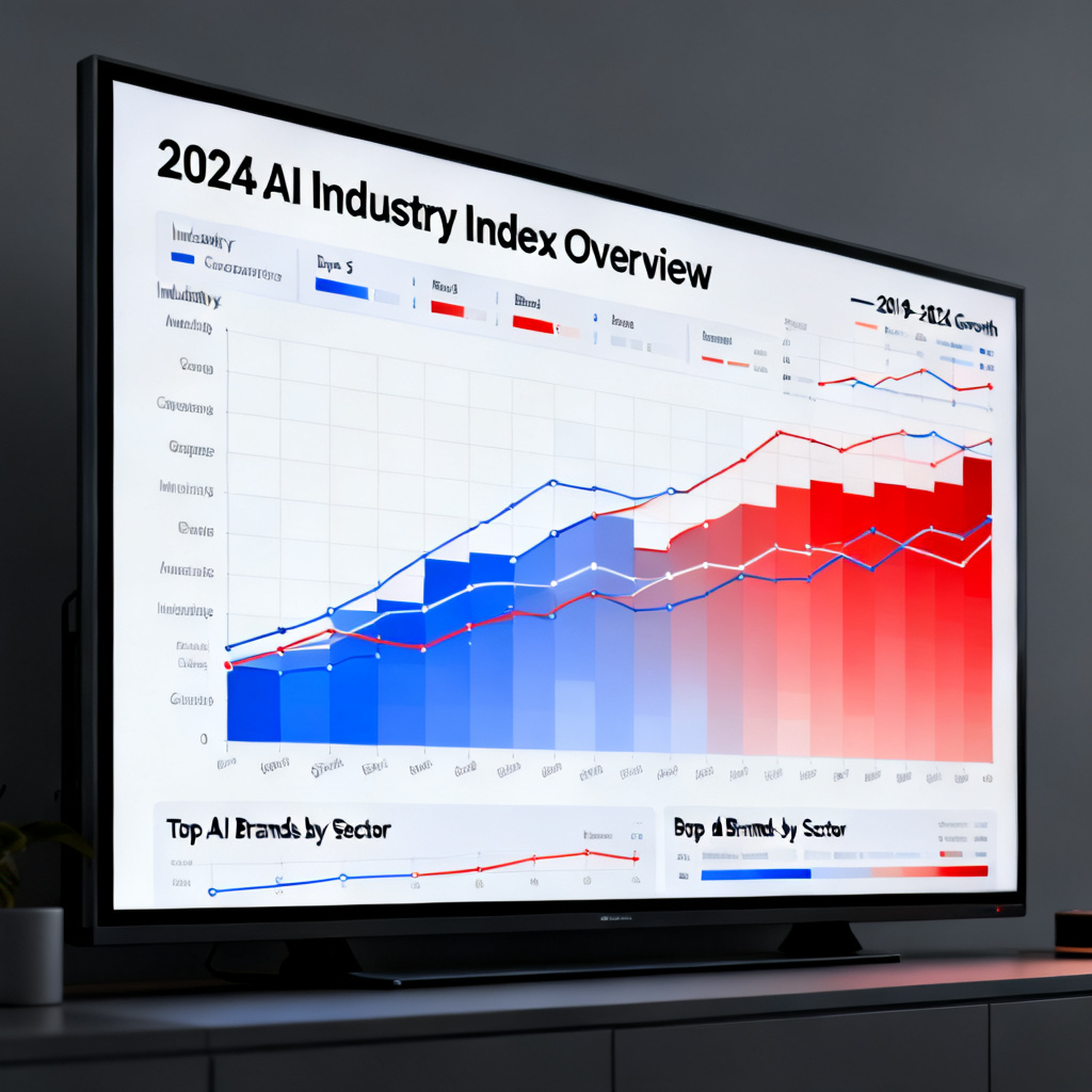 A macro-level data visualization showing the AI Index for 20 major industries, with heat maps, trend lines, and brand comparison charts, displayed on a large digital screen in a modern analytical environment