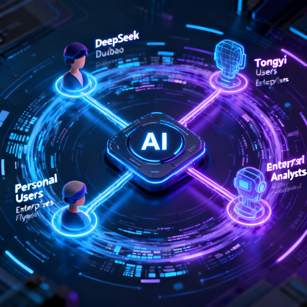 A futuristic digital ecosystem showing a central AI platform connecting to multiple AI models (DeepSeek, Doubao, Tongyi) and serving personal users, enterprises, and analysts, with data flowing in a flywheel cycle.