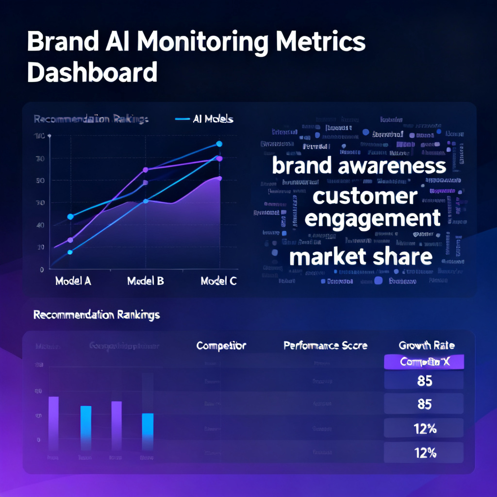 A dynamic dashboard interface showing brand AI monitoring metrics, with line charts showing recommendation rankings across multiple AI models, a word cloud of brand-related keywords, and a competitor comparison table, professional dark theme with gradient colors