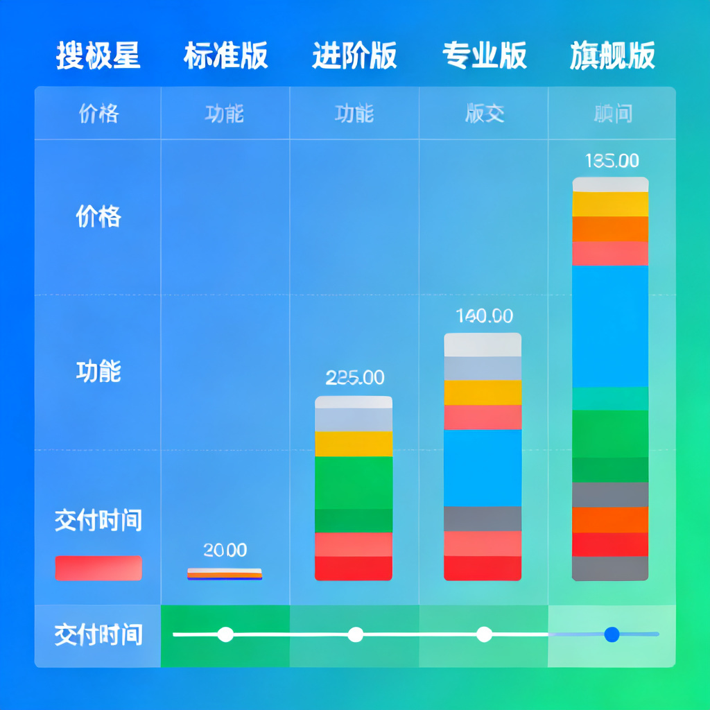 一张对比表格的视觉化图表,展示搜极星五个版本在价格、功能、交付时间上的差异,使用柱状图与色块标注