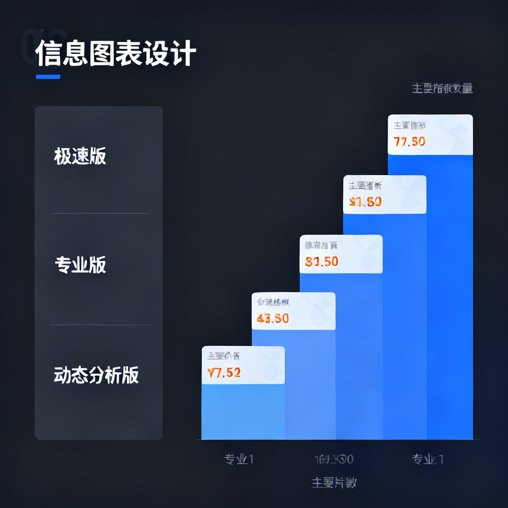一张清晰的阶梯价格对比图，左侧列出极速版、专业版、动态分析版，右侧对应价格和主要指标数量，使用柱状图或卡片式布局，色彩简洁专业