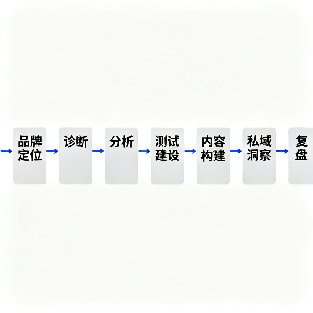 一张流程图,展示“AI MANAGED OPS”的八步流程:品牌定位、诊断、分析、测试、内容建设、私域构建、洞察、复盘,用箭头连接,风格简洁清晰。