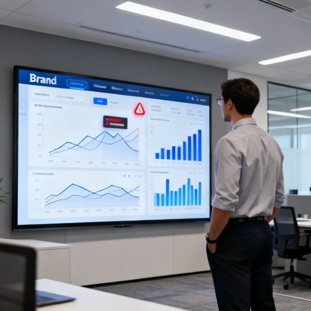 A professional analyst monitoring a real-time brand dashboard on a large screen, with graphs and alerts, modern office setting, 4k