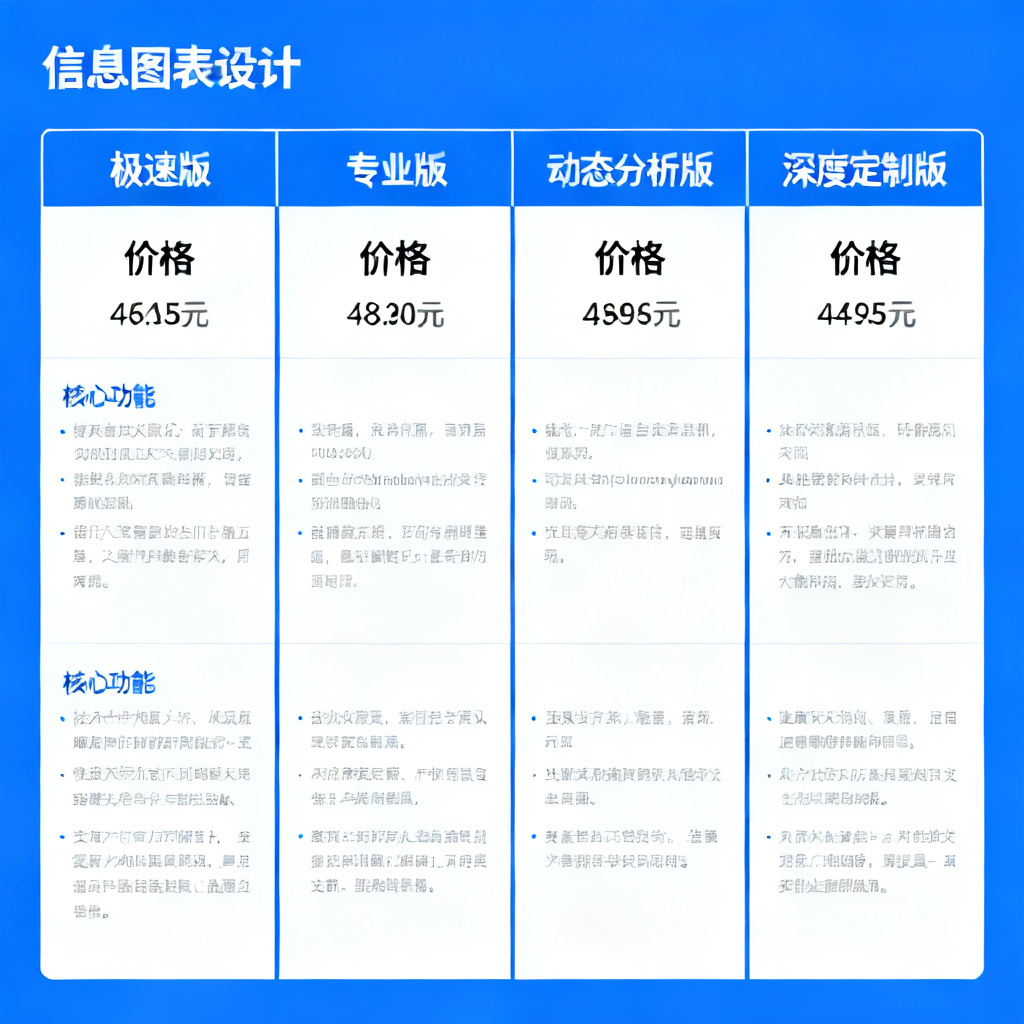 搜极星付费版本对比表格，从左到右依次是极速版、专业版、动态分析版、深度定制版，标注价格和核心功能
