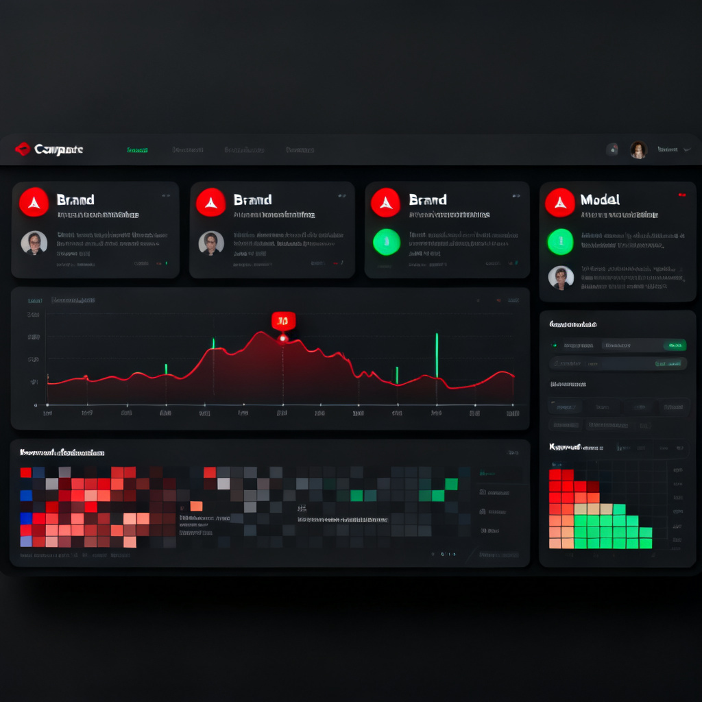 A dashboard with real-time data streams showing brand mentions across multiple AI models. The interface features red and green alert indicators, a timeline graph, and a heatmap of keyword associations. The style is sleek, corporate, with dark mode aesthetics.
