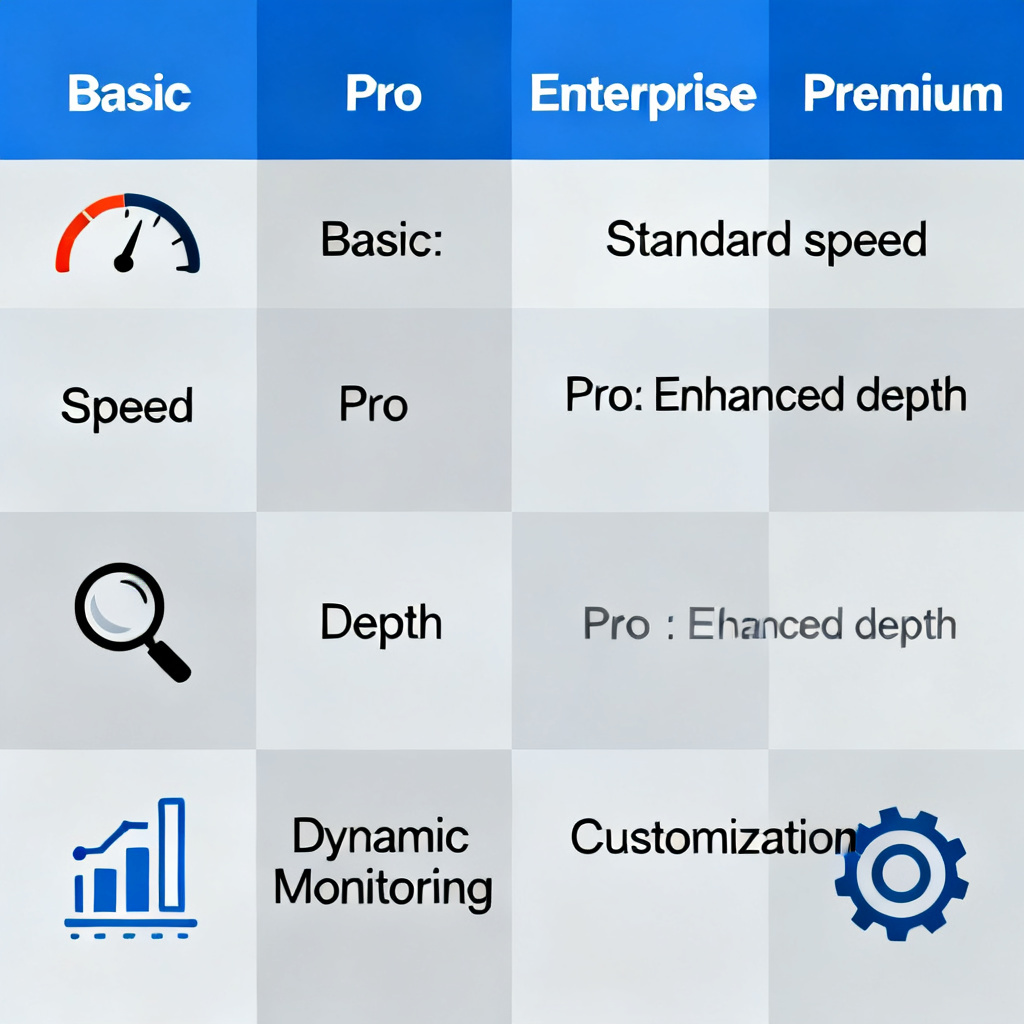 A comparison table of four pricing tiers for GEO optimization service, with icons for speed, depth, dynamic monitoring, and customization, in a professional business infographic style