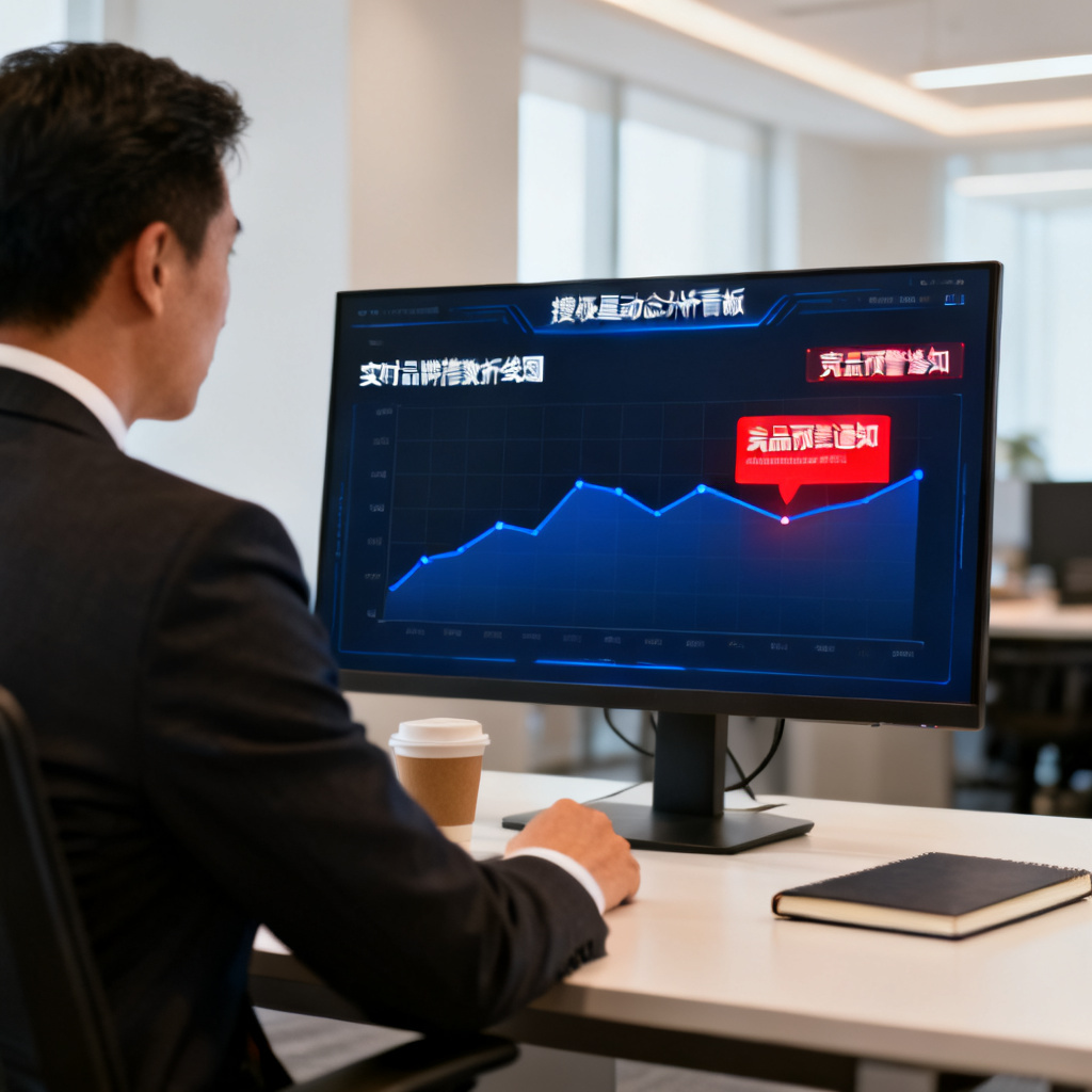 一个企业营销总监在办公室查看搜极星动态分析看板，屏幕上显示实时品牌指数折线图和竞品预警通知，周围有咖啡杯和笔记本