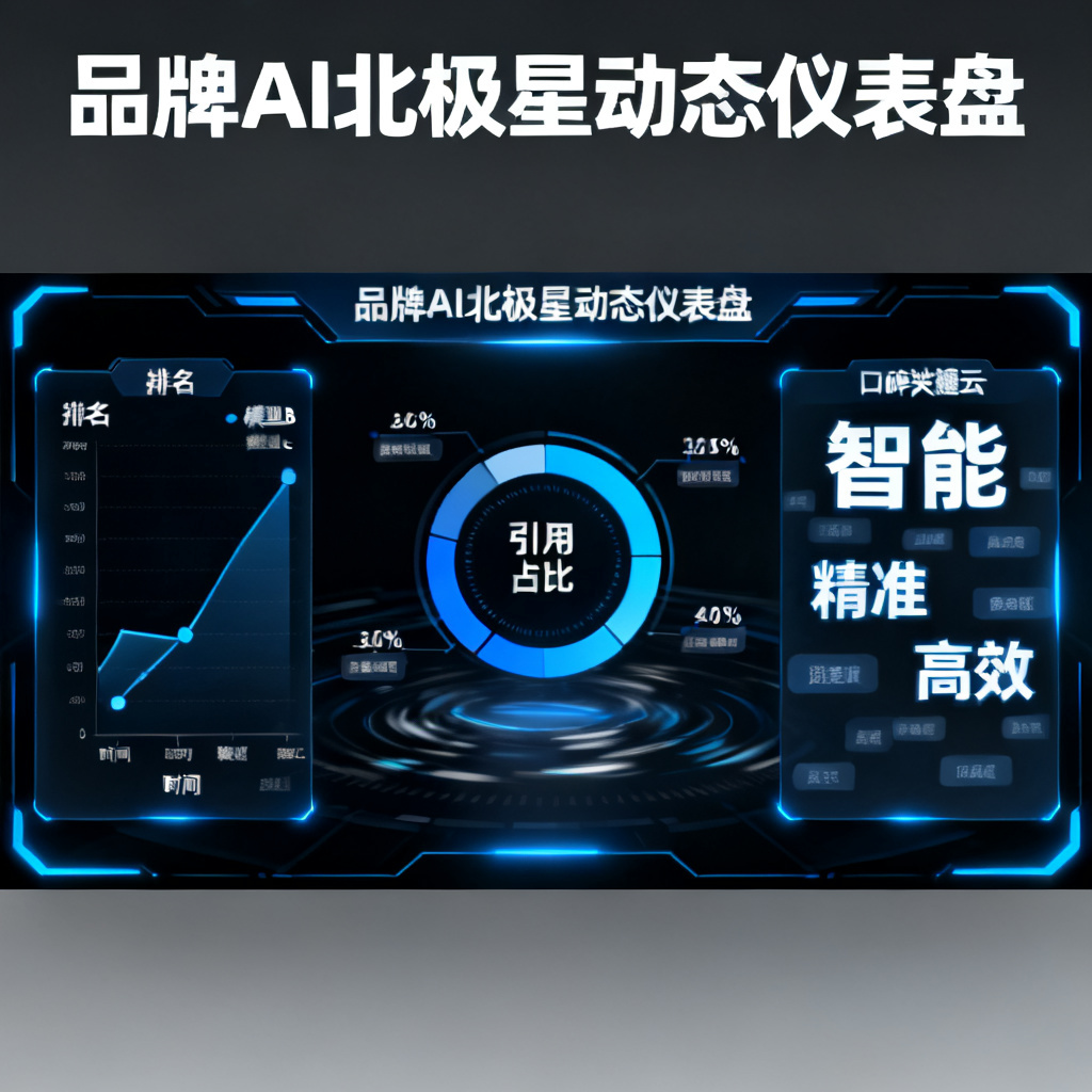 品牌AI北极星动态仪表盘界面，展示品牌在多个AI模型中的排名变化、引用占比、口碑关键词云等可视化数据，整体风格为深色科技感