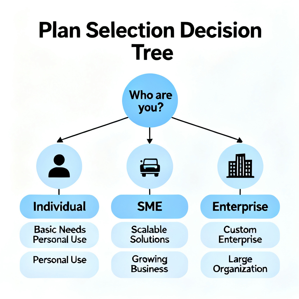 A decision tree diagram for choosing the right plan, with icons for individual, SME, and enterprise, clean infographic style