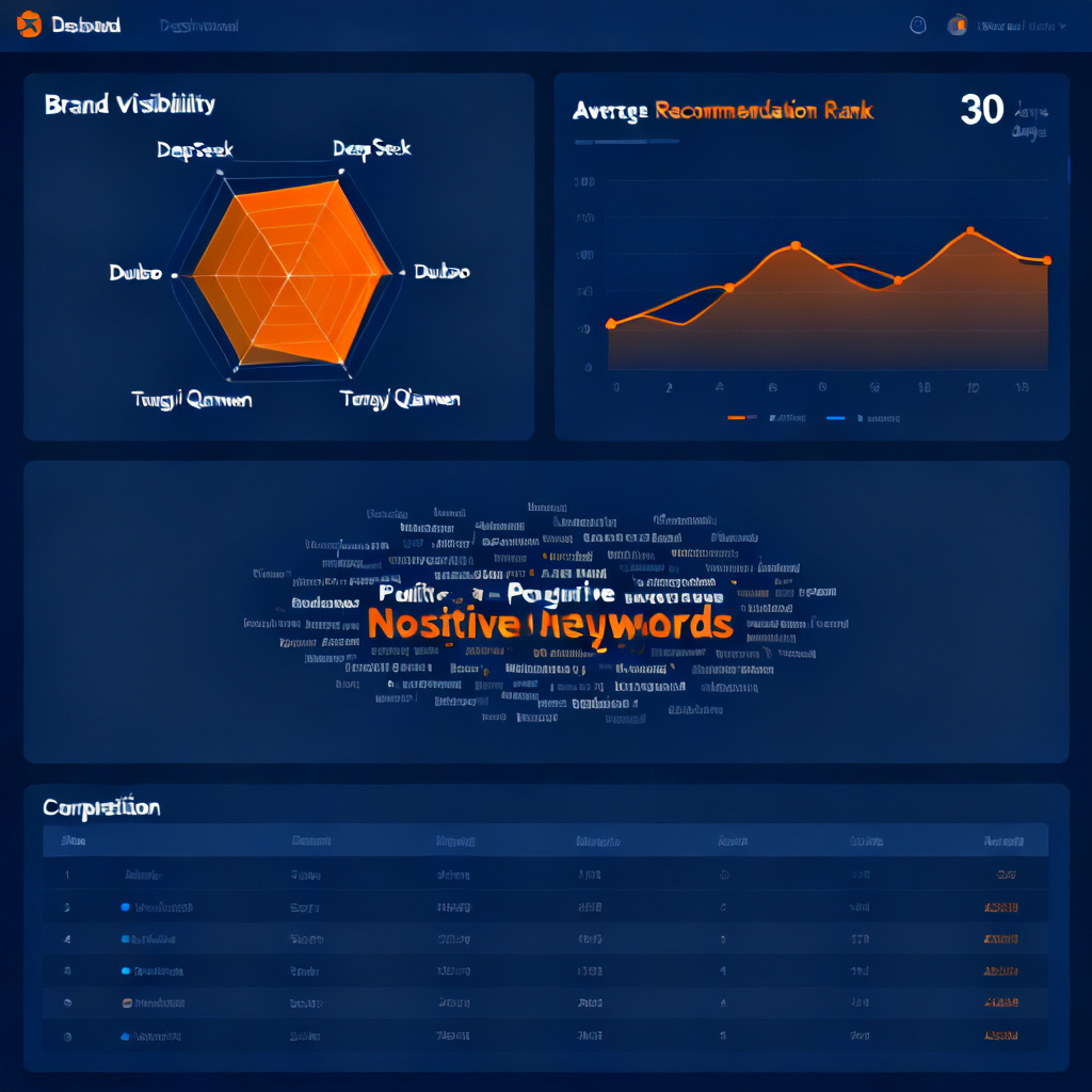 A professional dashboard interface showing brand monitoring metrics across multiple AI models. Key elements include: a radar chart comparing brand visibility across DeepSeek, Doubao, and Tongyi Qianwen; a line graph tracking "Average Recommendation Rank" over 30 days; a word cloud of positive/negative keywords; and a competitor comparison table. The color scheme is dark blue with orange accents.