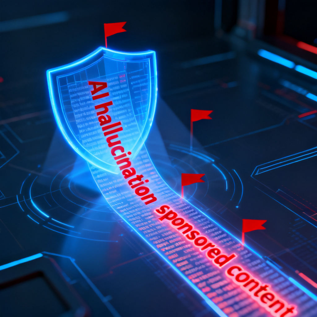 A futuristic digital shield glowing blue, scanning a stream of text with red flags marking 'AI hallucination' and 'sponsored content' in a cyber-style interface.