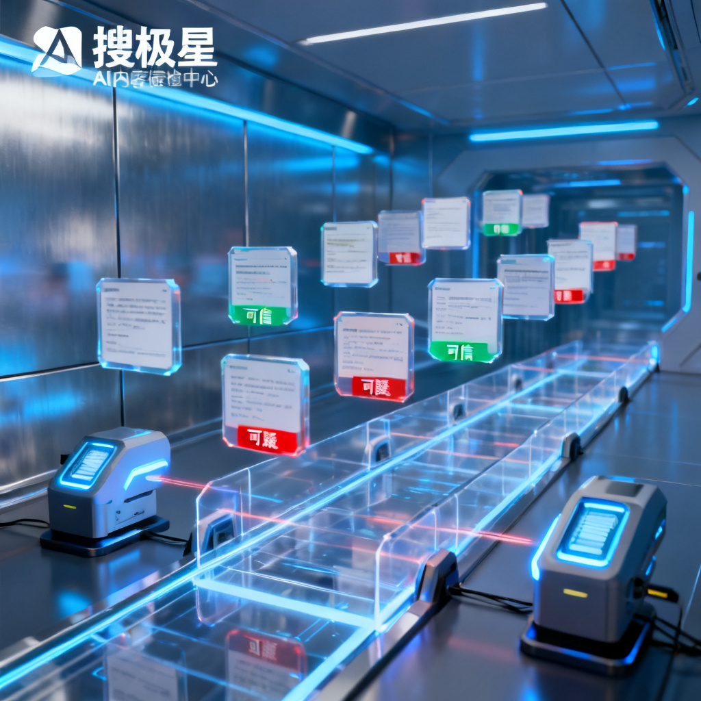 一个未来场景，搜极星作为AI内容质检中心，各种AI生成内容经过验证后标记为“可信”或“可疑”