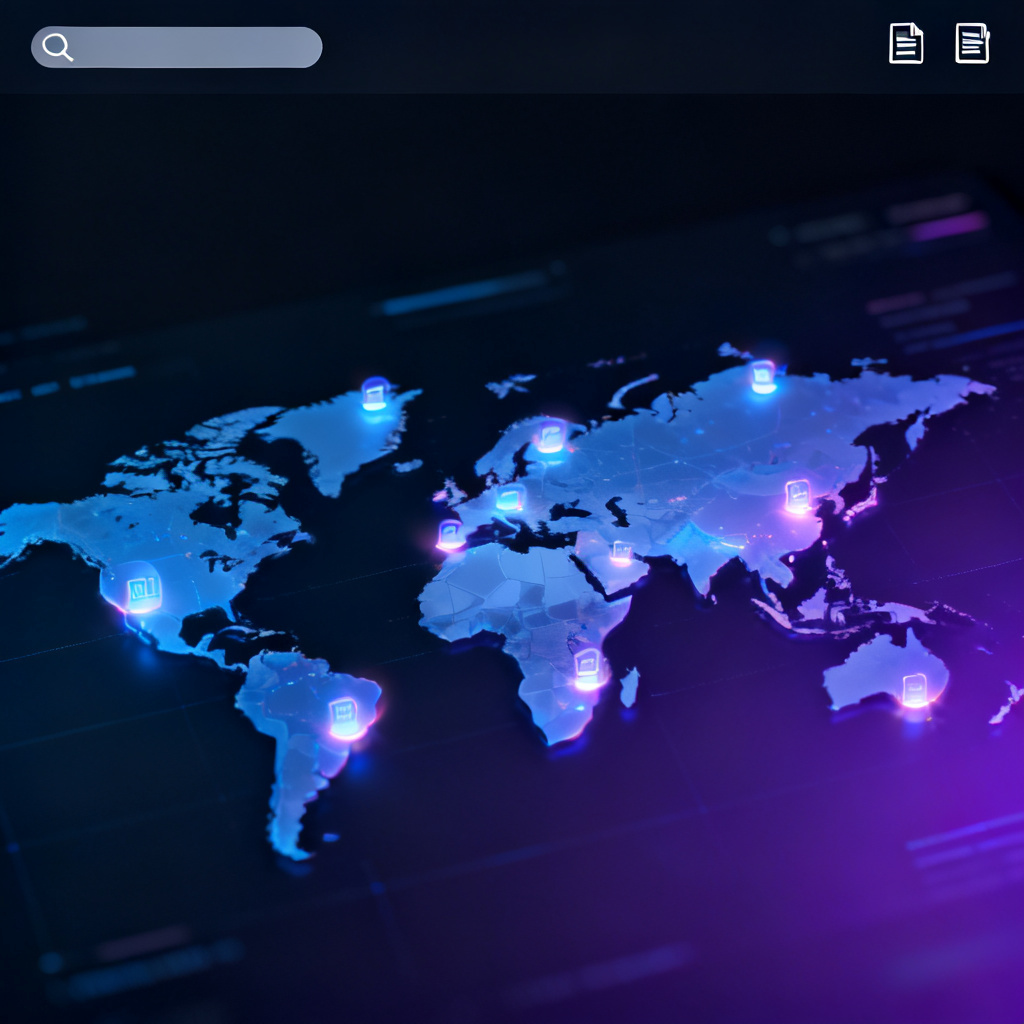 A global map with data points representing industry indices, with search bar and report icons, macro view, sleek dark theme, holographic effect.