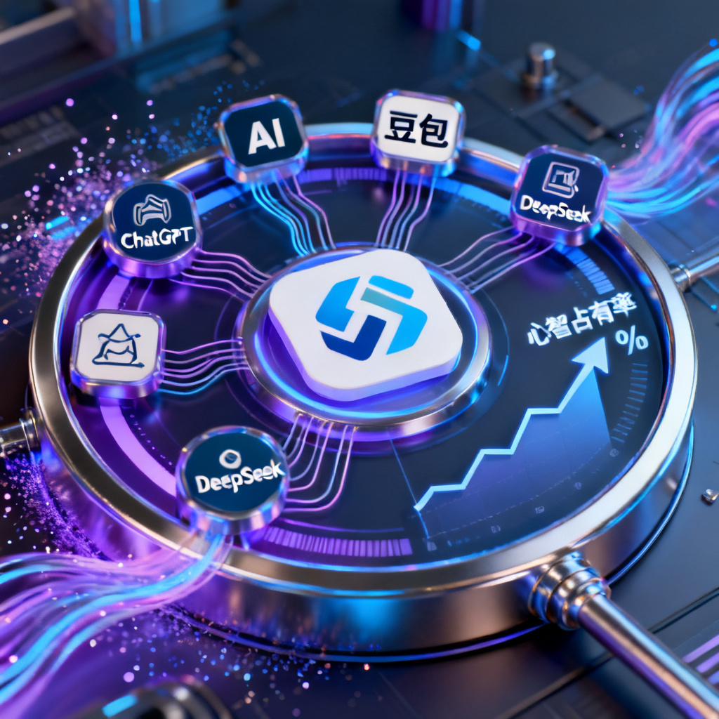 一个3D动态仪表盘，中心显示品牌Logo，周围环绕着ChatGPT、豆包、DeepSeek等AI模型图标，数据流线连接品牌与模型，右侧显示心智占有率百分比和上升曲线。