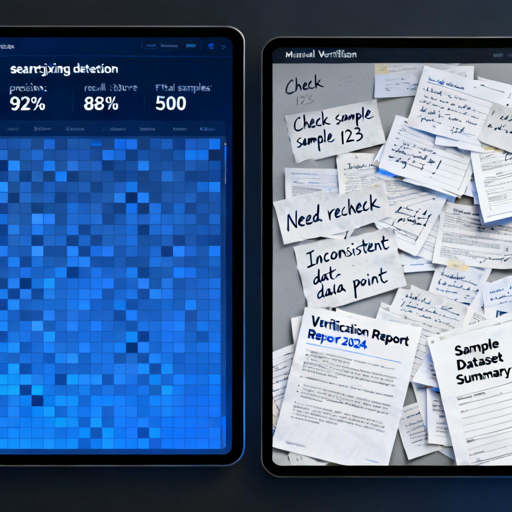 Two screens side by side, one showing searchjixing detection results with detailed metrics, the other showing a manual verification process with scattered notes and documents