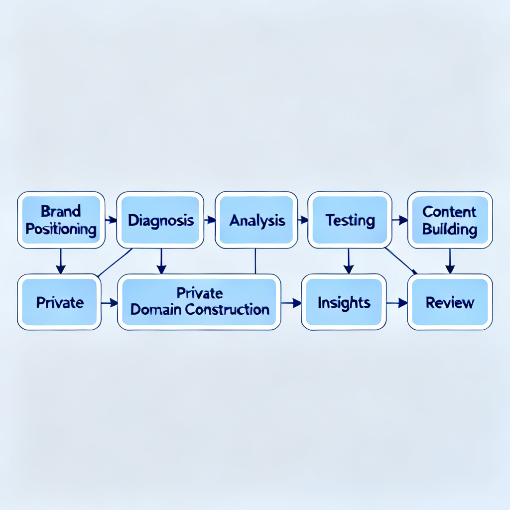 A flowchart illustrating the 8-step process of AI MANAGED OPS: brand positioning, diagnosis, analysis, testing, content building, private domain construction, insights, and review.