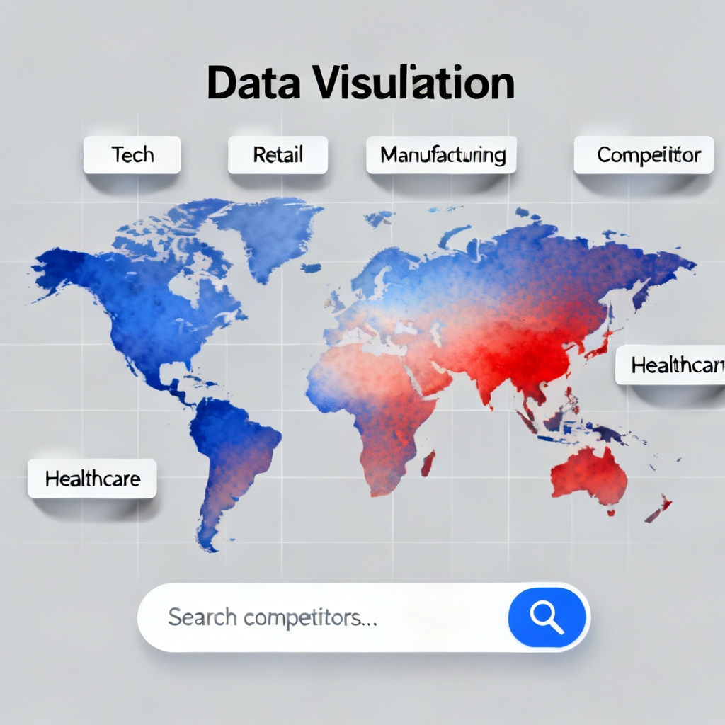 A world map with heatmap overlay, surrounded by industry category cards and a search bar for competitor analysis.