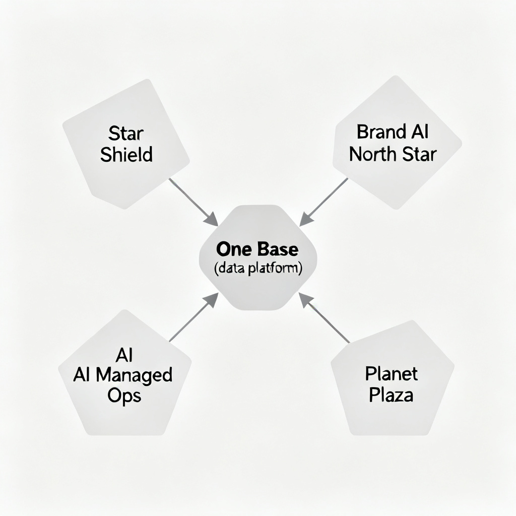 A connected ecosystem diagram showing 'One Base' (data platform) feeding into four applications: Star Shield, Brand AI North Star, AI Managed Ops, and Planet Plaza, with arrows and nodes, in a minimalist design.