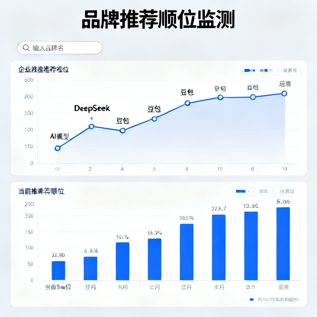 一个企业级监测仪表盘，显示多个AI模型（如DeepSeek、豆包）的品牌推荐顺位图表，有折线图和柱状图，顶部有搜索框输入品牌名