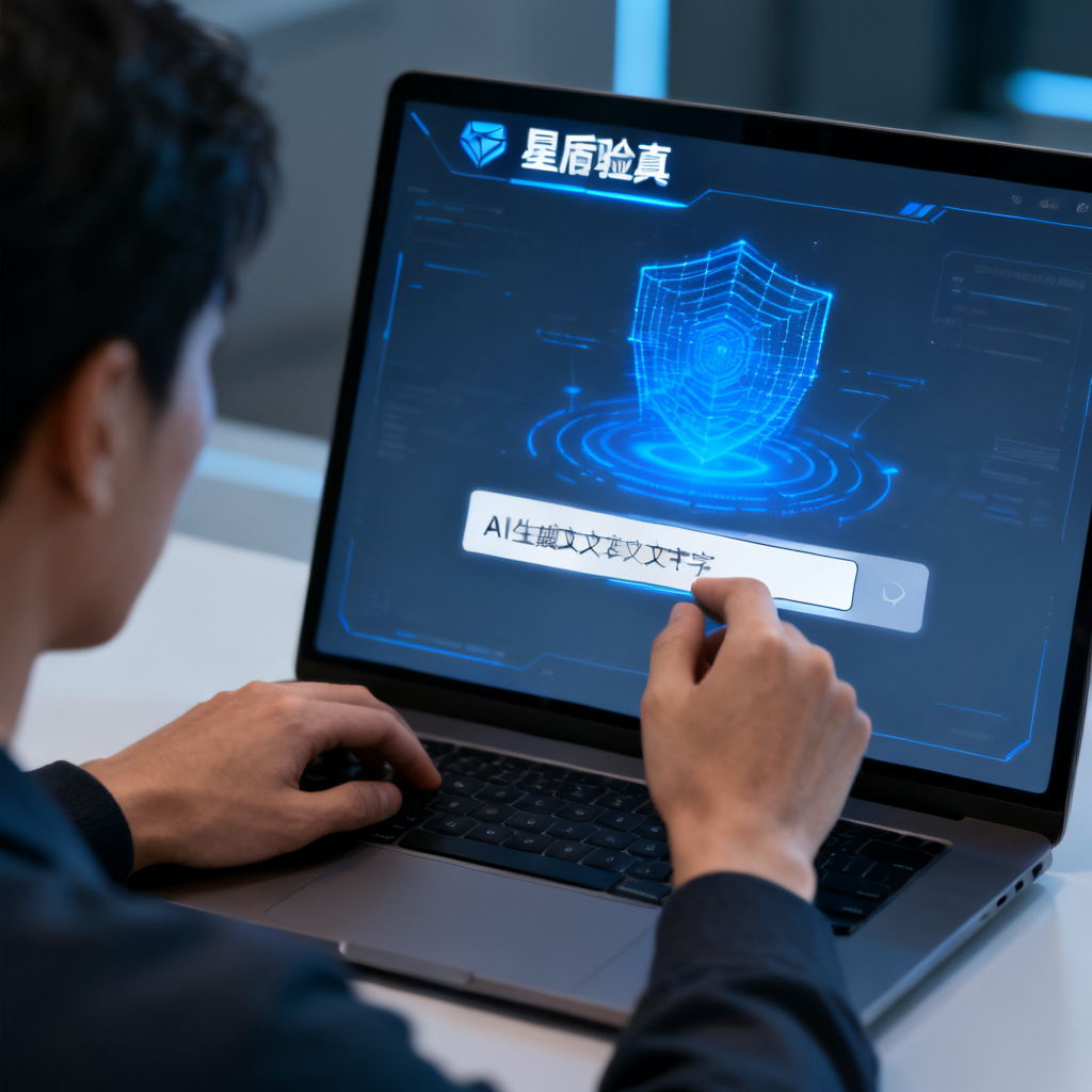 一个人将AI生成的文本粘贴到计算机界面中的输入框，界面显示'星盾验真'字样，背景有扫描动画效果，风格现代科技感