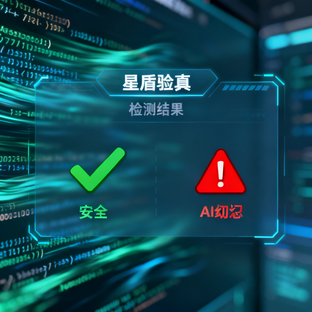 一张科技感的数据分析仪表盘，显示‘星盾验真’检测结果，绿色对勾表示安全，红色警告表示AI幻觉，背景为模糊的AI代码流