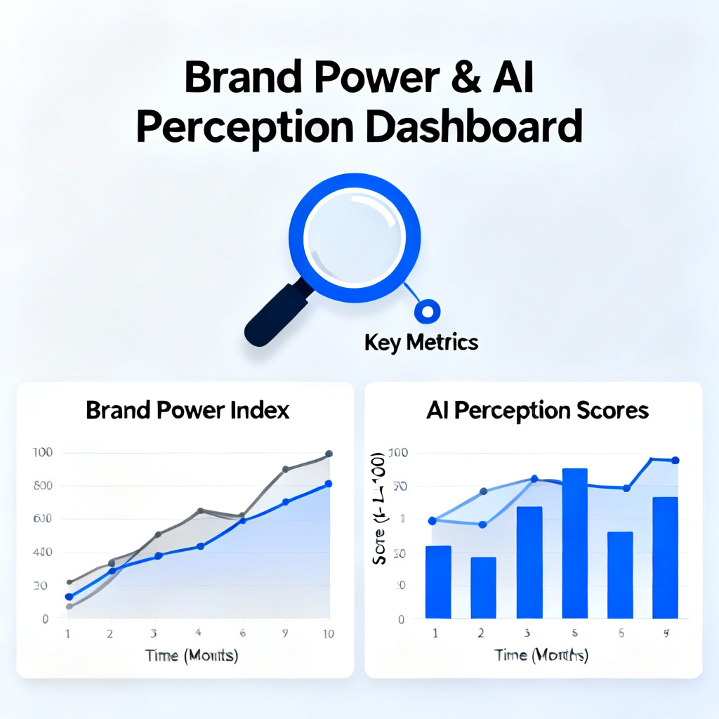 A dashboard interface showing brand power index and AI perception scores with trend charts, with a magnifying glass icon highlighting key metrics