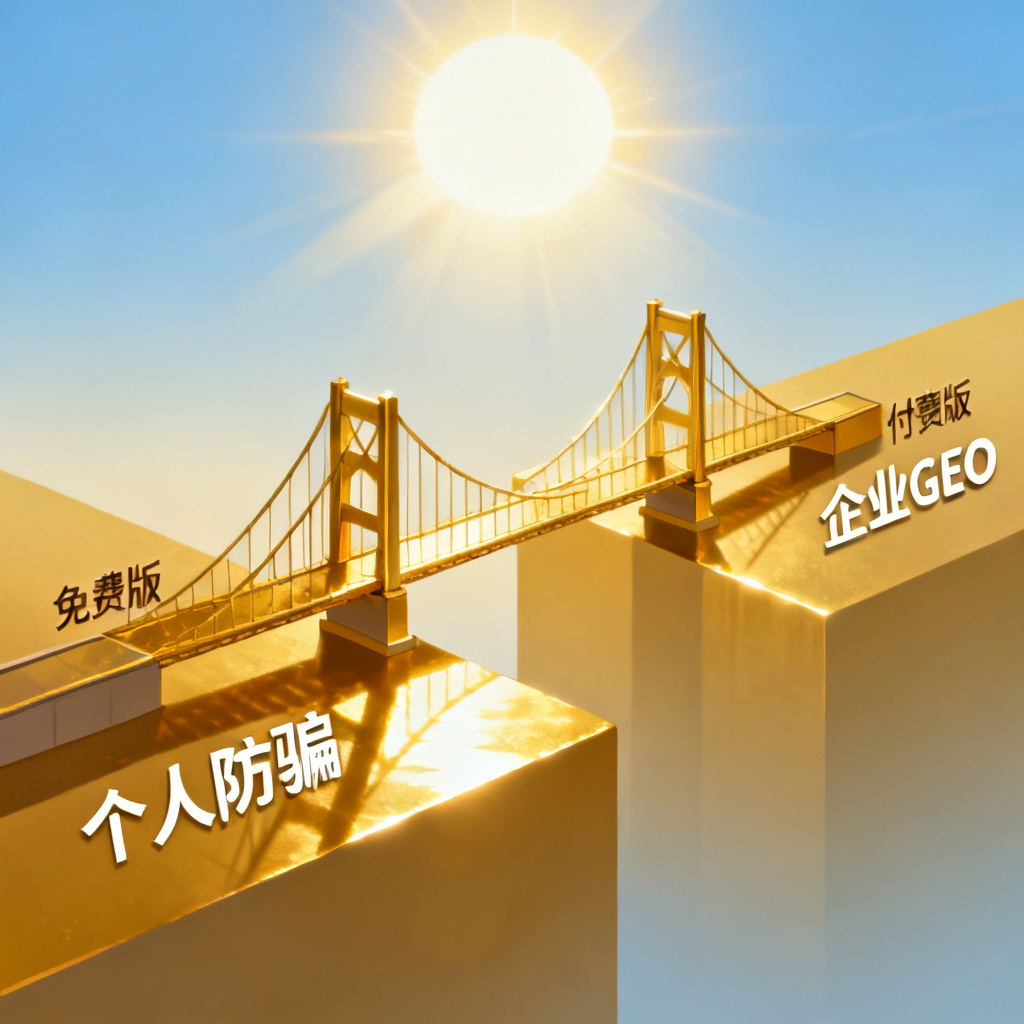 用户从免费版升级到付费版，桥梁连接，两端分别标注“个人防骗”和“企业GEO”，阳光照耀