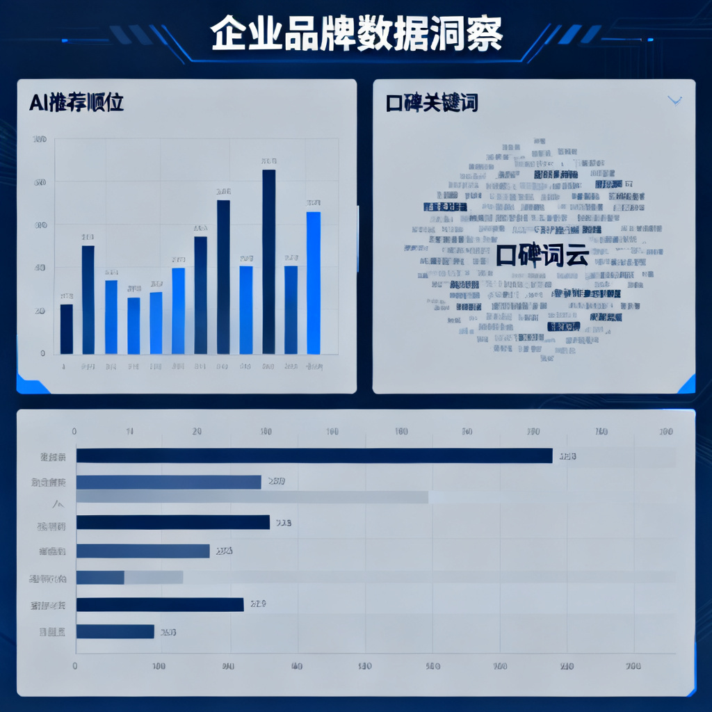企业品牌仪表盘界面，显示AI推荐顺位、口碑词云等数据图表，风格数据可视化，专业商务
