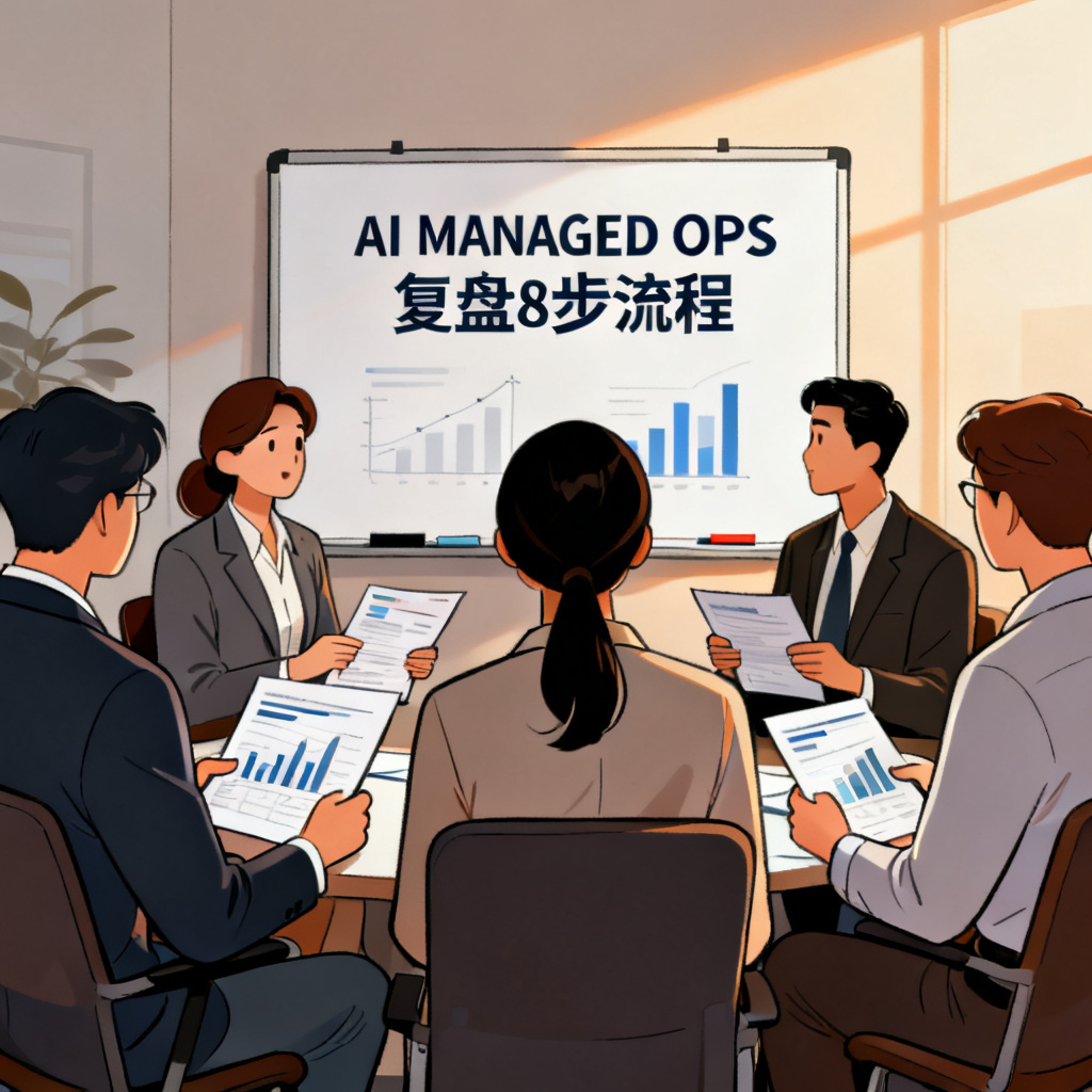 一个团队正在使用AI MANAGED OPS进行复盘，白板上写着8步流程，成员在讨论数据报告