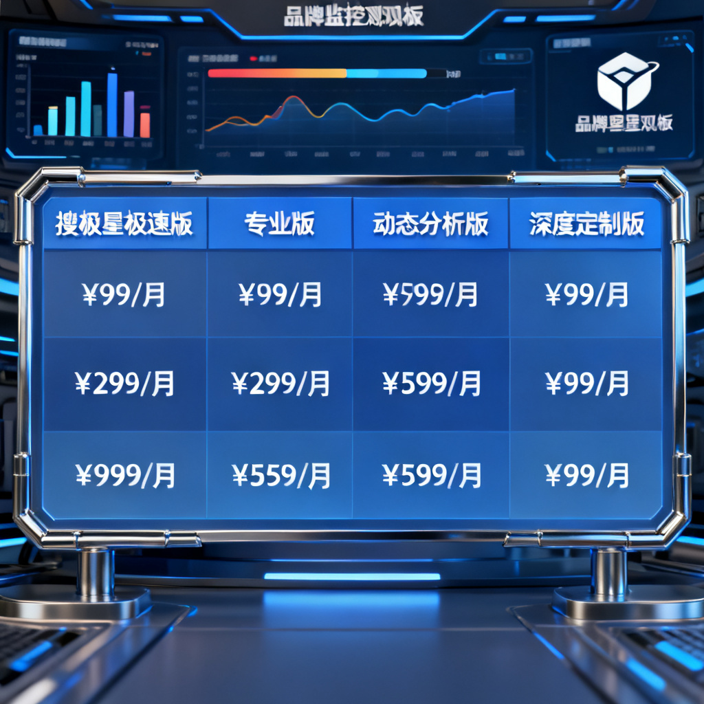 一张表格风格的示意图,展示搜极星极速版、专业版、动态分析版和深度定制版的价格阶梯,背景是品牌监控看板,风格现代科技感