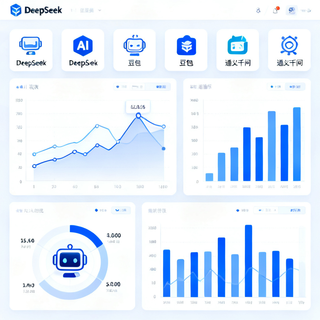 企业品牌仪表盘，显示多个AI模型图标（如DeepSeek、豆包、通义千问），仪表盘有图表和指标