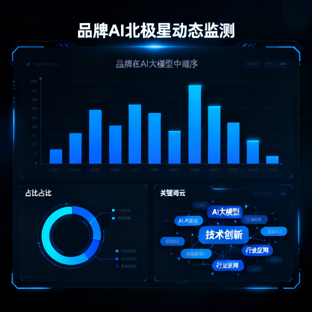 品牌AI北极星动态监测仪表盘，显示品牌在AI大模型中的顺位、引用占比、关键词云，数据可视化图表，深色背景，科技感