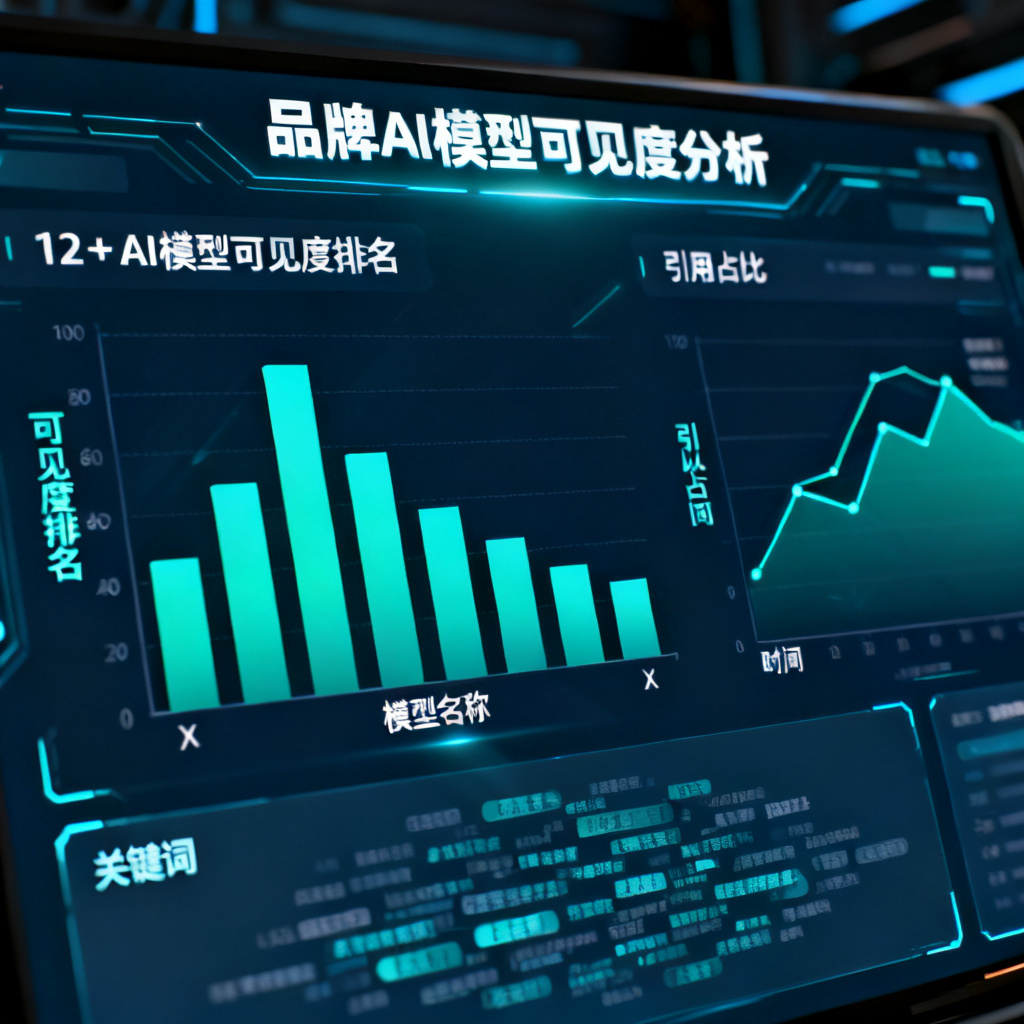 一张动态仪表盘界面,展示品牌在12+AI模型中的可见度排名、引用占比和关键词云,数据以柱状图和折线图呈现