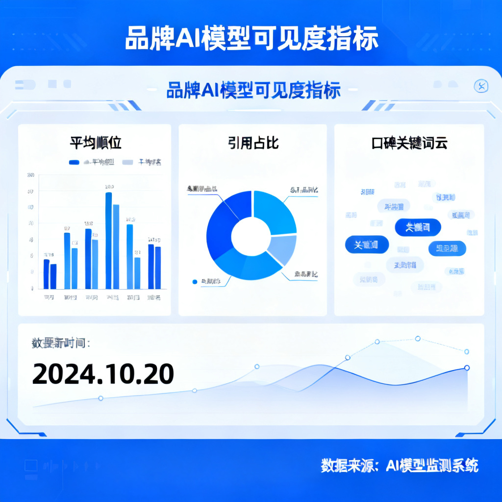 一个数字仪表盘，显示品牌在多个AI模型中的可见度指标，包括平均顺位、引用占比、口碑关键词云，图表丰富，数据可视化