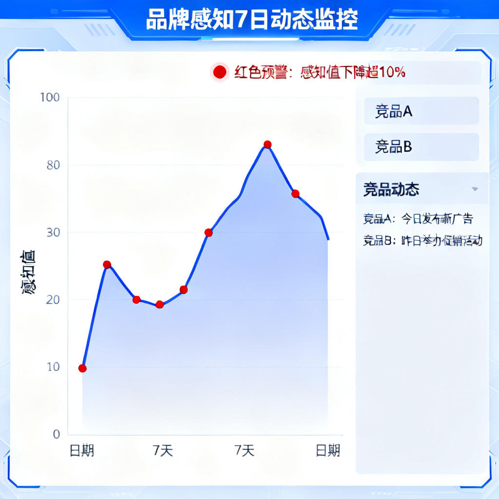 一个动态监控仪表盘,显示7天内的品牌感知变化曲线,有预警标记,旁边有竞品动态列表