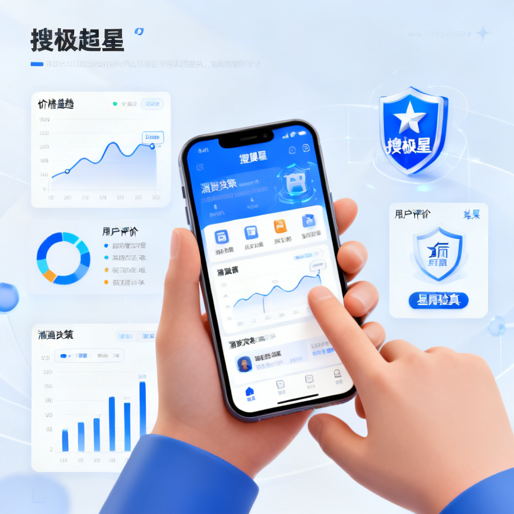 用户在使用搜极星后做出明智消费决策的场景，周围有数据图标和“星盾验真”结果