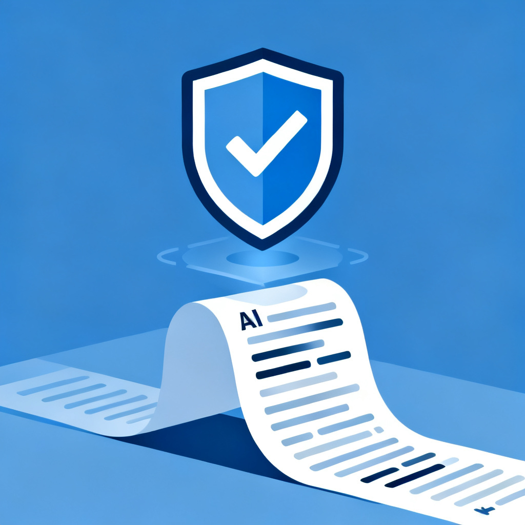 A shield icon with a checkmark hovering over a stream of text, representing AI content verification.