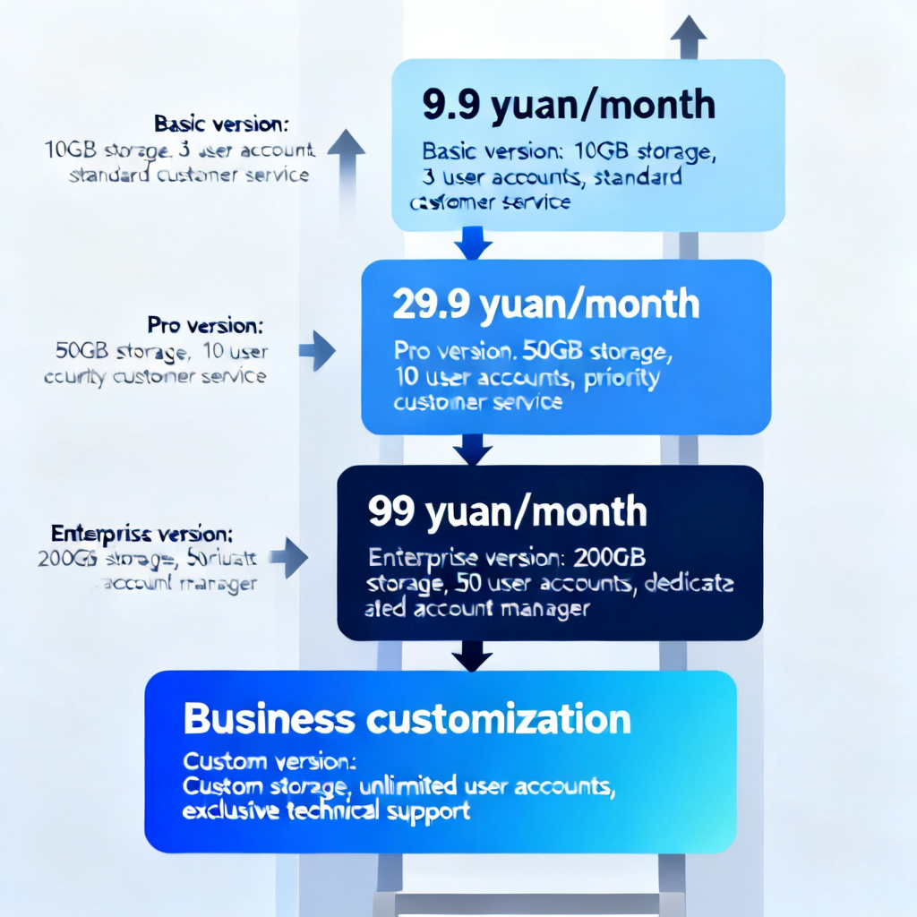 A ladder diagram showing different paid versions with price and feature upgrades, from 9.9 yuan to business customization