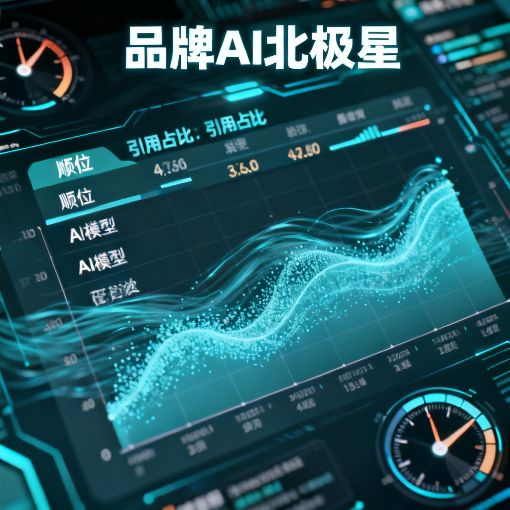 品牌AI北极星的动态看板界面，显示多个AI模型的品牌可见度对比图表，包含顺位、引用占比等指标，背景有数据流动和仪表盘元素