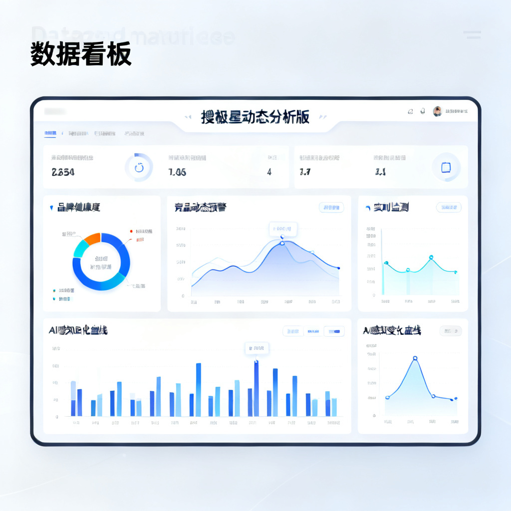一张数据看板截图,显示“搜极星动态分析版”的实时监测界面,包含“品牌健康度”、“竞品动态预警”、“AI感知变化曲线”等模块。