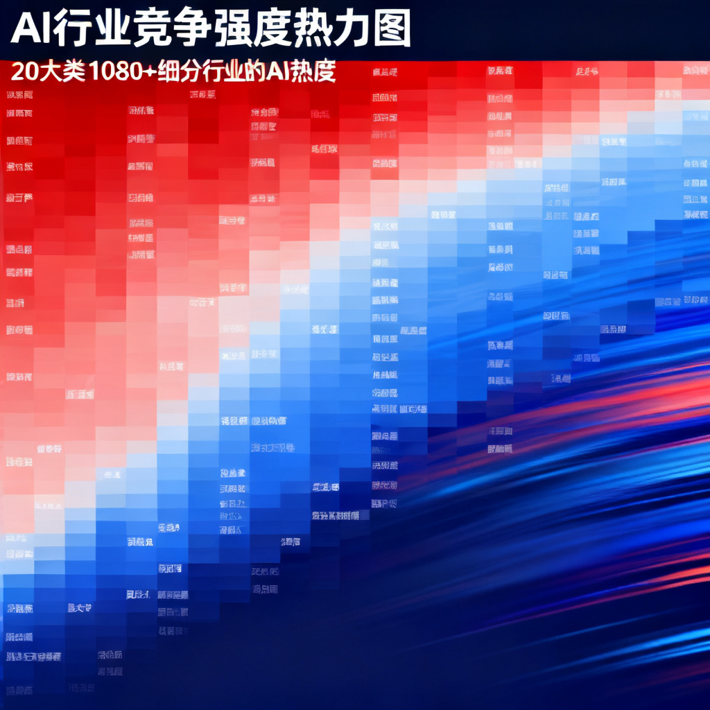 行业指数热力图，显示20大类1080+细分行业的AI热度，颜色从红到蓝表示竞争强度，风格数据可视化，高分辨率，动态效果