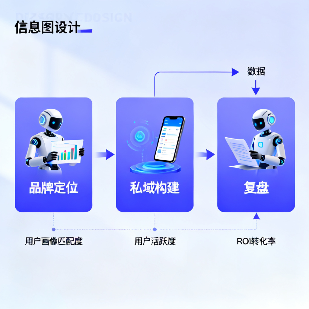 一个复杂的流程示意图，从“品牌定位”到“私域构建”再到“复盘”，每个阶段都有数据流动和AI机器人图标
