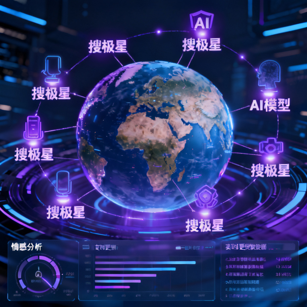 搜极星品牌感知看板界面，显示一个3D地球模型，周围环绕着代表不同AI模型的光点，每个光点连接着品牌词条，底部有情感分析仪表盘和实时更新数据流，整体风格科技感十足，配色为深蓝和亮紫