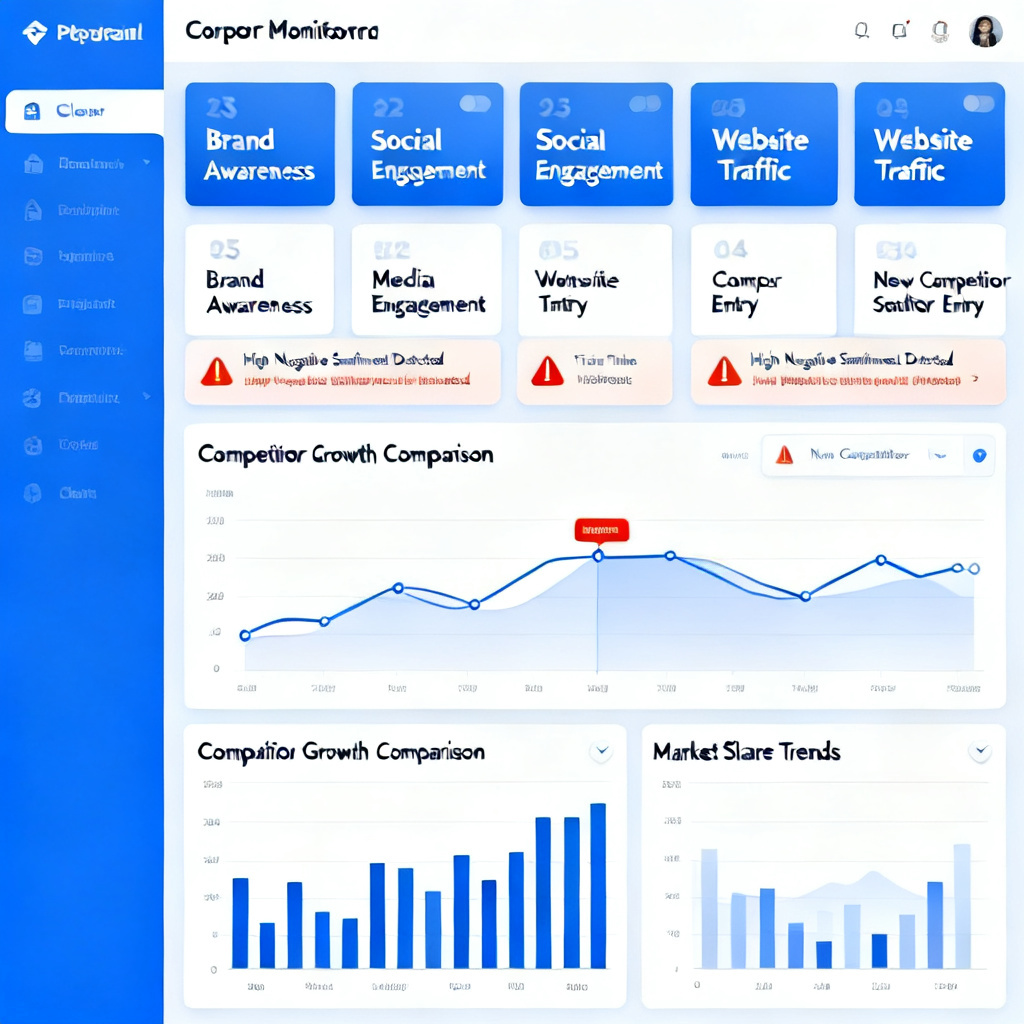 A professional dashboard interface showing brand monitoring metrics with 23 data points, real-time alerts, and competitor comparison graphs, designed in a clean corporate style with blue and white color scheme