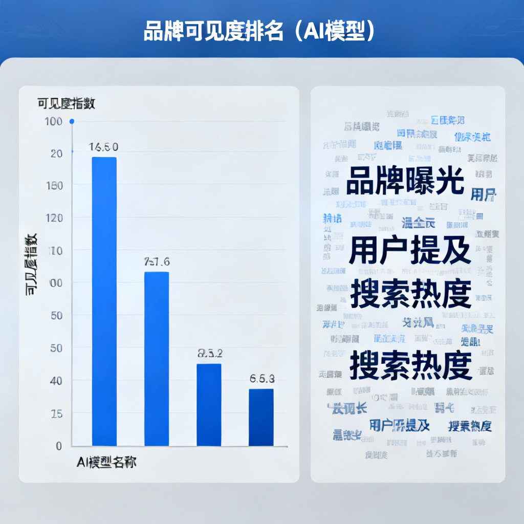 企业品牌仪表盘显示多个AI模型中的品牌可见度排名，数据可视化图表包括柱状图和词云