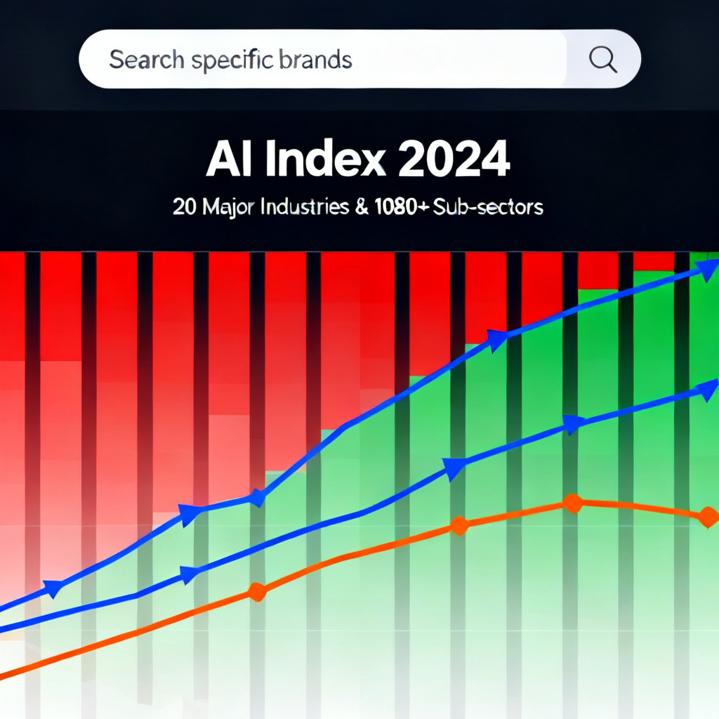 A data panel showing the AI Index for 20 major industries and 1080+ sub-sectors, with a heat map and trend lines indicating AI activity levels. A search bar is visible for querying specific brands.