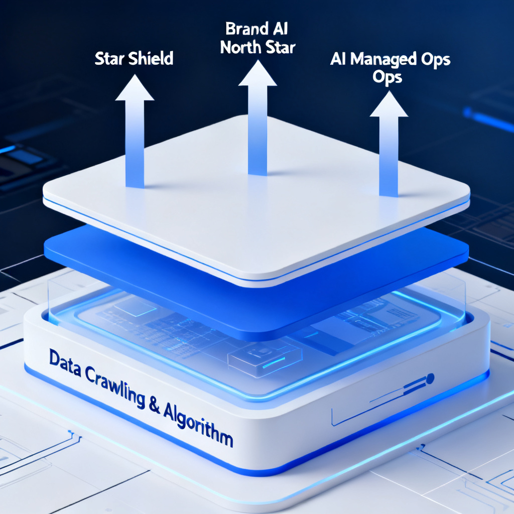 Architecture diagram of a brand management platform, showing a base layer labeled 'Data Crawling & Algorithm' and three application layers labeled 'Star Shield', 'Brand AI North Star', 'AI Managed Ops', connected by arrows, futuristic blue and white color scheme, high detail, 4K