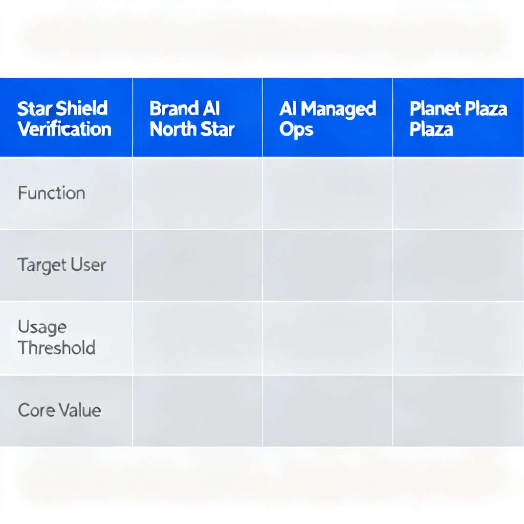 A professional comparison table with four columns for 'Star Shield Verification', 'Brand AI North Star', 'AI Managed Ops', 'Planet Plaza', each with rows for function, target user, usage threshold, and core value. Use clean corporate design with blue and gray tones.